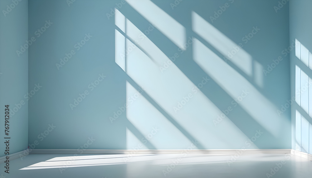 Minimal abstract light blue background for product presentation. Shadow and light from windows on plaster wall. Minimal abstract light blue background for product presentation. Shadow and light from windows on plaster wall.