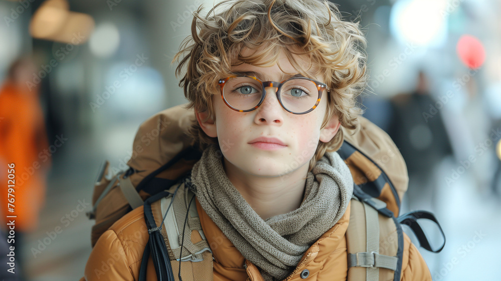 Portrait of a young traveler with curly hair and glasses in a busy airport, carrying a backpack and wearing a scarf. Portrait of a young traveler with curly hair and glasses in a busy airport, carrying a backpack and wearing a scarf.