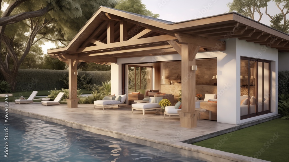 Chic indoor/outdoor cabana pool house with panoramic sliders, vaulted ceilings with wood beams and soothing interior and exterior waterfall