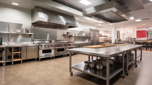 Commercial open kitchen with dining counter, pro appliances, and chef's prep area © Aeman