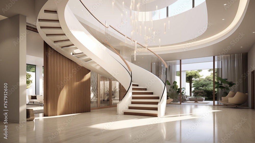 Contemporary architectural masterpiece entry with floating curved staircase, vaulted atrium, and sculptural chandelier Contemporary architectural masterpiece entry with floating curved staircase, vaulted atrium, and sculptural chandelier