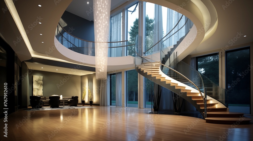 Obraz premium Contemporary architectural masterpiece entry with floating curved staircase, vaulted atrium, and sculptural chandelier