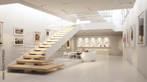 Contemporary art collector's dream gallery with floating staircases, movable walls, and flexible lighting