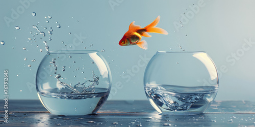 A goldfish jumps from one fishbowl to another, symbolizing the idea of breaking free from old approaches and trying something new. improvement concept personal growth through technological change
