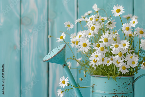 White flowers in watering can on turquoise blue background. Generative AI.