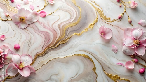 Luxurious Marble Background with Pink Petals and Gold Accents