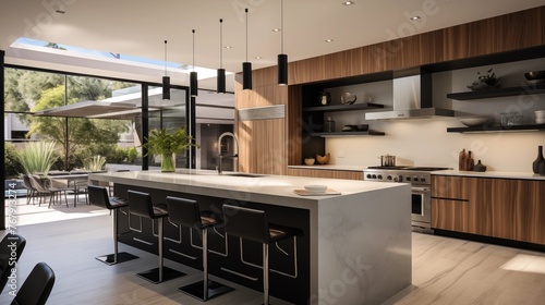 Contemporary open kitchen with waterfall island, integrated appliances, and floating shelves