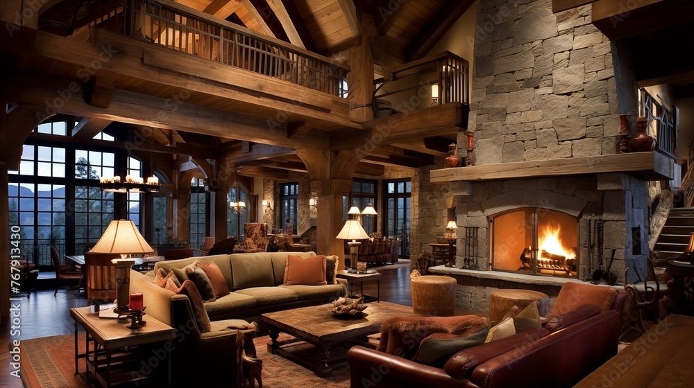 Cozy ski lodge great room with soaring wood-beamed ceilings and massive stone fireplace