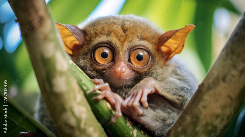 A small monkey with big eyes is sitting on a branch A small monkey with big eyes is sitting on a branch