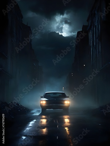 A car is driving down a dark street at night