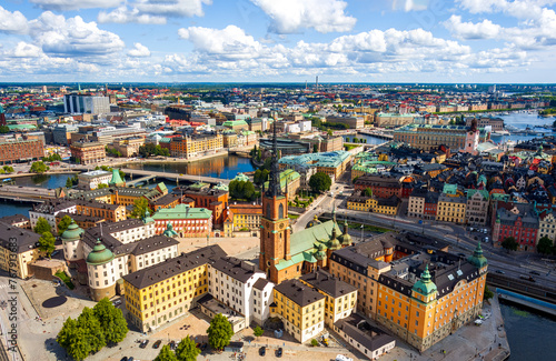 Stockholm, Sweden. Riddarholmen Church. Panorama of the city in summer in cloudy weather. Aerial view
