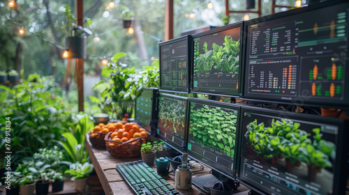 A high-tech farming hub monitors crop health, featuring screens with live analytics