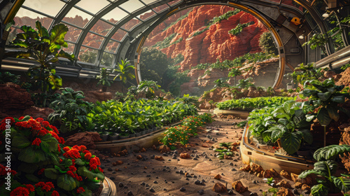 A transparent dome harbors life, cultivating food on Mars against a backdrop of alien desolation. photo