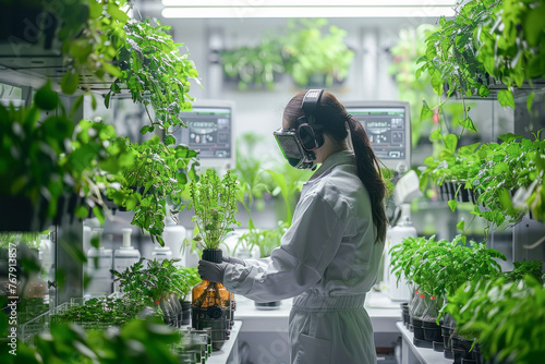 A scientist attentively modifies plant genetics for better nutrition in an AI-enhanced lab full of samples.