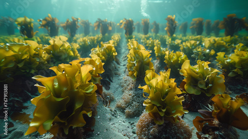 Sunlight bathes an underwater seaweed farm, rows of vibrant greenery showcasing sustainable harvesting by divers and machines in blue waters.
