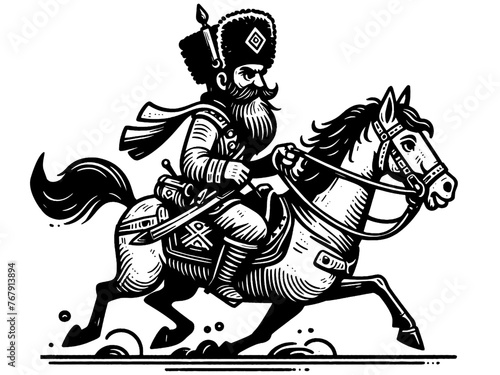 Military Cossack on a horse, a terrifying man. Sketch board imitation. Vector, generative ai.