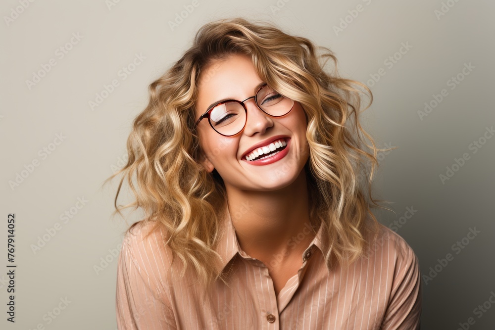 Attractive, happy and smiling young woman with blonde hair wearing glasses, isolated on a plain background Attractive, happy and smiling young woman with blonde hair wearing glasses, isolated on a plain background