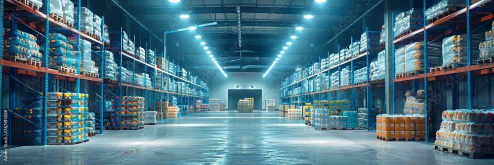 Warehouse industrial and logistics companies. Commercial warehouse. Huge distribution warehouse with high shelves., Distribution products,banner