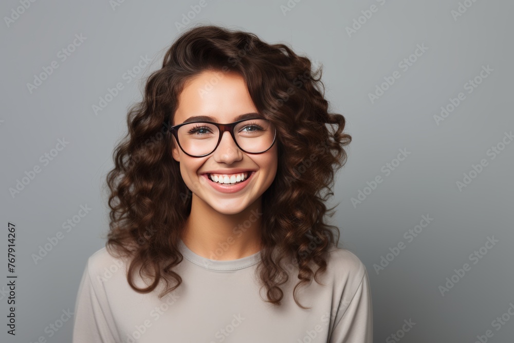 Obraz premium Attractive, happy and smiling young woman with brown hair wearing glasses, isolated on a plain background 