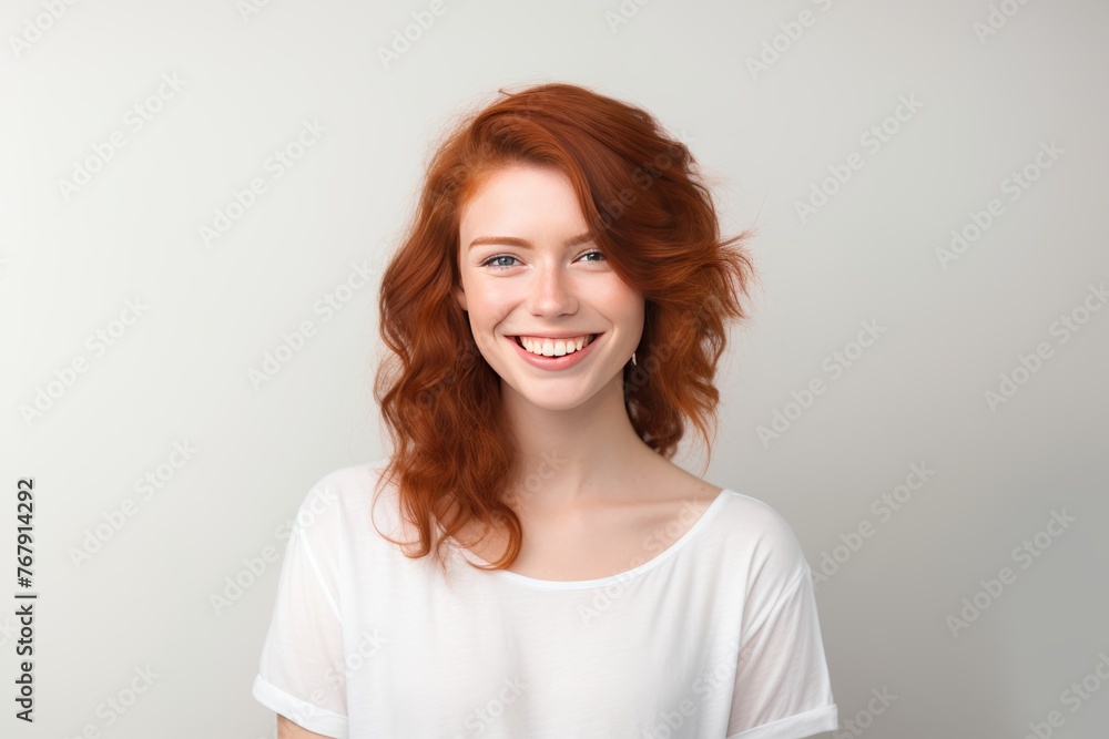 Attractive, happy and smiling young woman with red hair, isolated on a plain background Attractive, happy and smiling young woman with red hair, isolated on a plain background