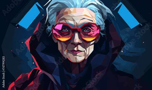 A woman with glasses and a hoodie is wearing pink sunglasses