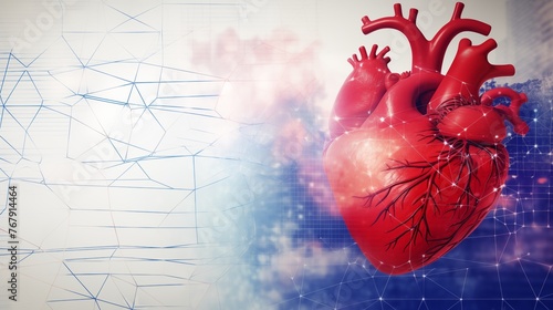 Digital illustration of a human heart with an abstract network background