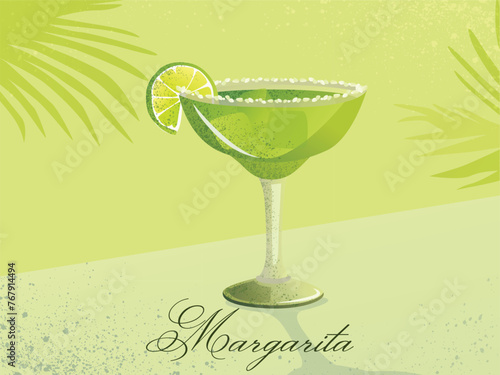 AdobMargarita realistic cocktail in glass with lime slice. An illustration of classical drink in beautiful glass. Vector illustration of summer cocktails. Banner with soft and alce Illustrator Artwork