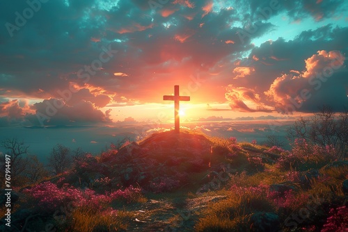 minimalistic design Christian cross on hill outdoors at sunrise. Resurrection of Jesus. Concept photo
