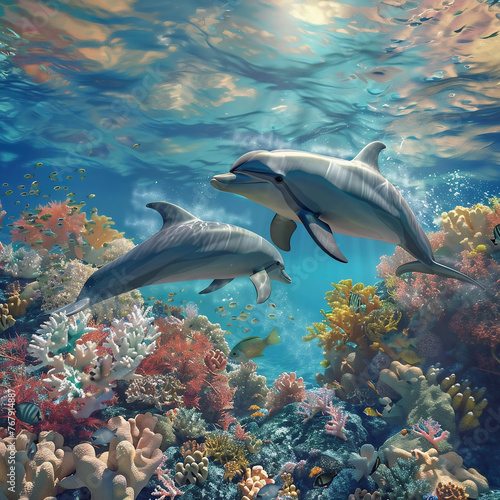 Dolphin in a coral reef with corals and fish