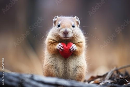 Chipmunk holding a heart-shaped object in forest
