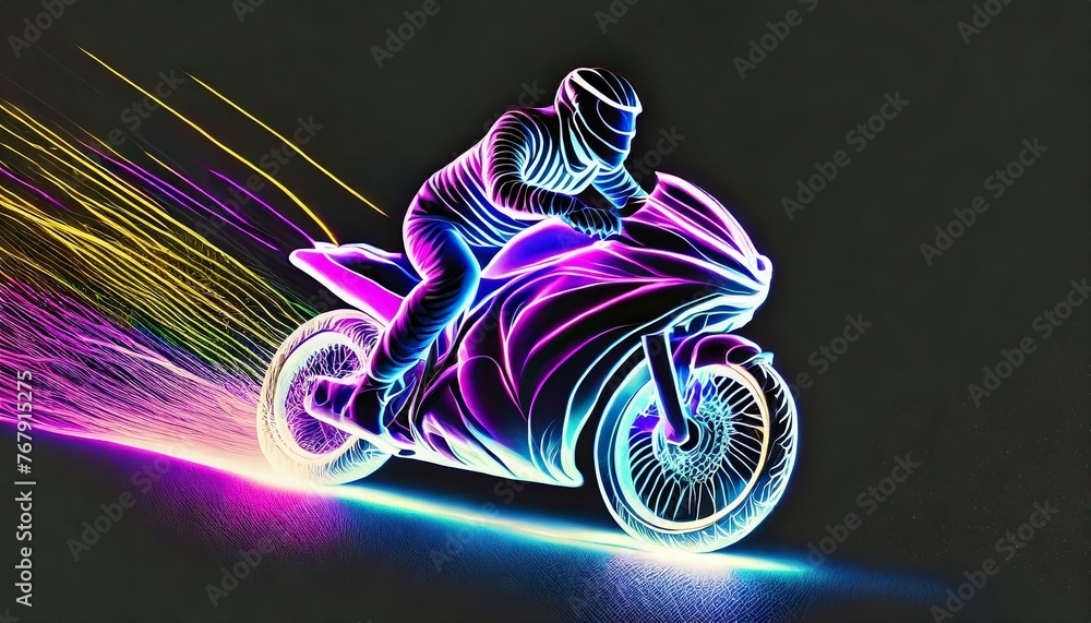 Neonowy rysunek kierowcy prowadzącego motocykl sportowy - obrazy, fototapety, plakaty 