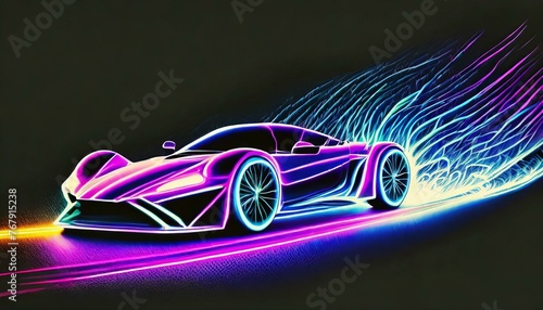 A drawing of a neon car speeding down the street in neon flames of fire  