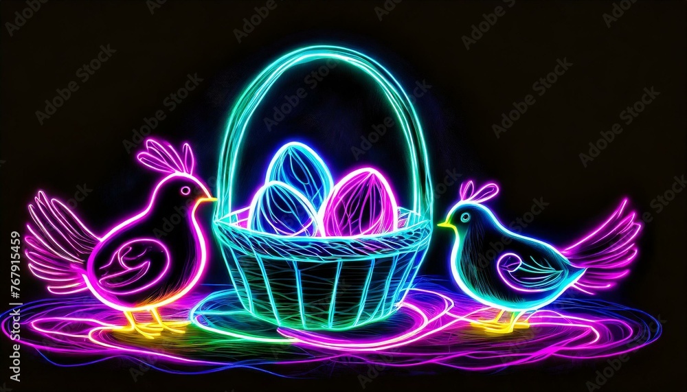 Wielkanocna neonowa ilustracja z pisankami, koszykiem i kurczątkami - obrazy, fototapety, plakaty 