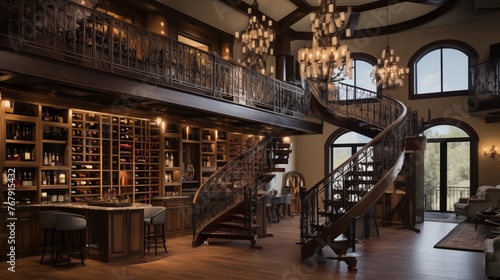 Dramatic two-story wine tasting room with rolling library ladder and wrought iron railings photo