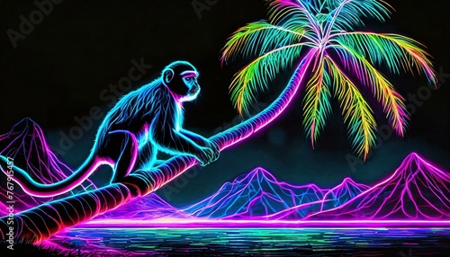 Neonowy rysunek z małpą na gałęzi palmy #767915457