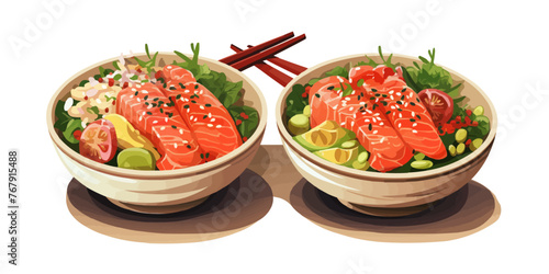 Hawaiian poke bowl with tuna salmon shrimp with isolated vector style illustration
