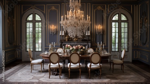 Elegant formal French dining room with gilded accents, faux painted walls and trim, chandeliers and antique style herringbone floors