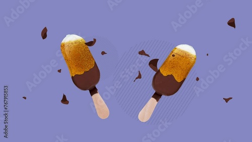 Stop motion. Animation. Ice cream with lager beer flavor isolated over purple background. Extravagancy, Concept of festivals and national traditions, taste, drinks, Oktoberfest. ad photo