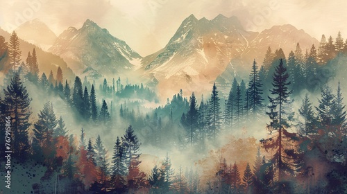 a captivating vintage landscape, misty autumn fir forest enveloped in fog, with rugged mountains and towering trees. Embrace hipster retro vibes photo