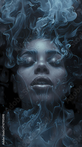 A portrait of an African American woman with her eyes closed  surrounded by swirling smoke and mist that fills the frame  Mobile phone wallpaper