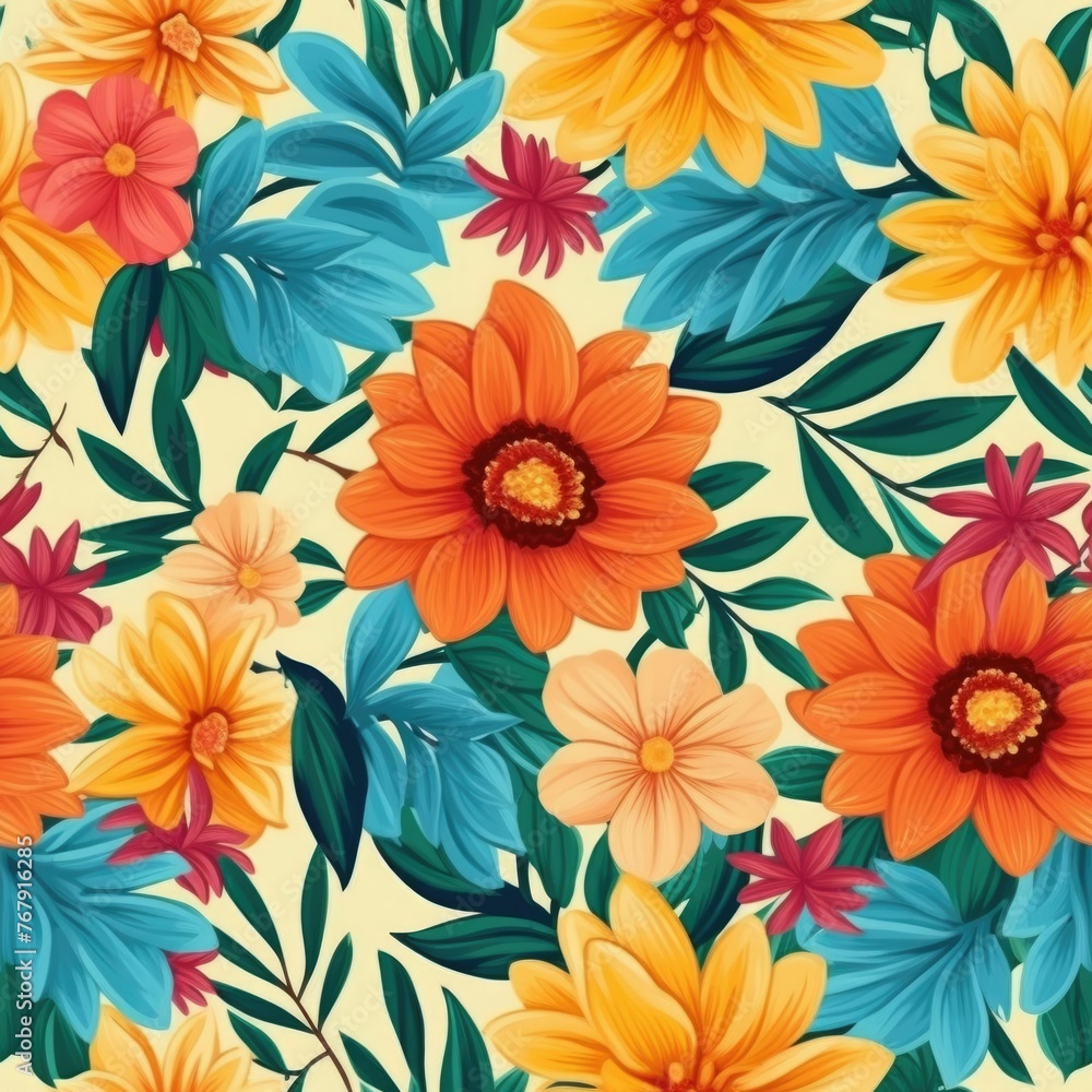 AI generated illustration of a vibrant arrangement of blooms in shades of yellow, orange and red