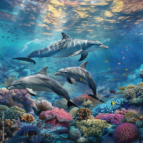 Dolphin in a coral reef with corals and fish © Soeren