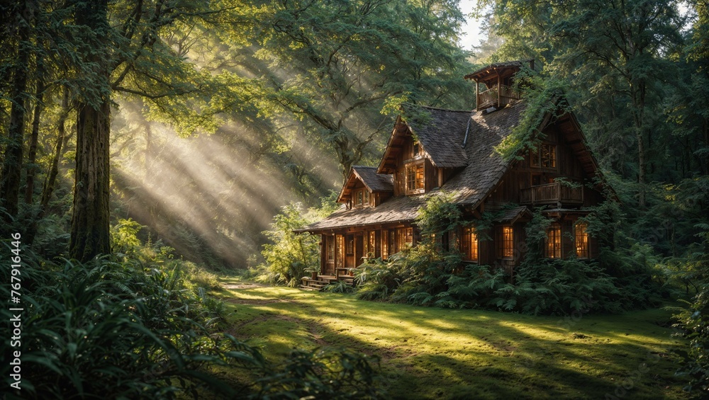 AI generated illustration of a cozy cabin nestled in the woods, illuminated by warm light