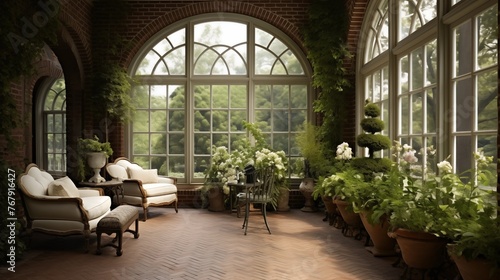 English-inspired conservatory with arched windows  brick floors  and lush greenery