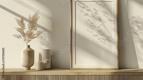 3D mockup of a sideways picture frame sitting on an elegant sideboard. Has natural lighting and is shown in closeup with highly detailed that create a serene atmosphere and a dreamy mood. 