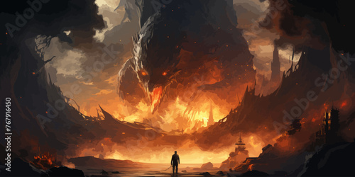 knight with the light sword standing near the giant fire dragon, digital art style, illustration painting