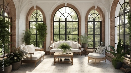 English-inspired conservatory with arched windows, brick floors, and lush greenery