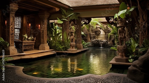 Exotic Balinese indoor courtyard with carved wood pavilions, reflecting pools, tropical plantings and stone water features