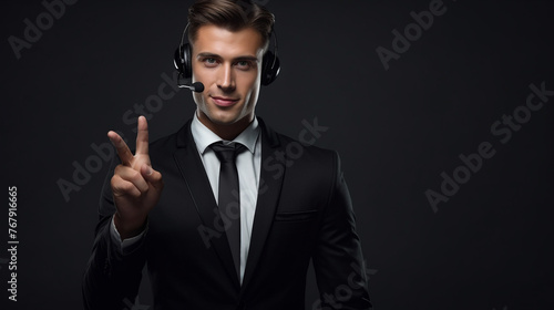 operator pointing copy space handsome young man