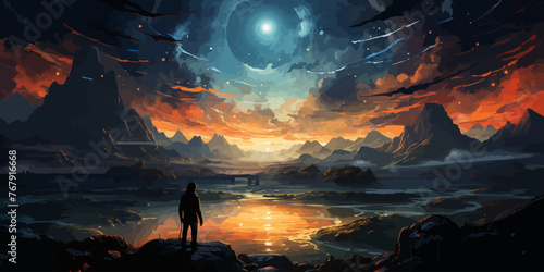 A man standing in a river with his shipwreck against the background of the sky upside down, digital art style, illustration painting